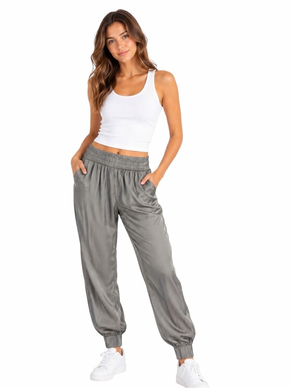 OLIVACEOUS Satin Jogger Pants Gray Elastic Waist Relaxed Fit Medium